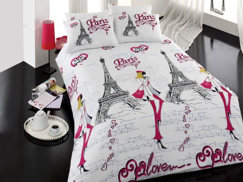 100COTTON 3pcs PARIS AMOUR SINGLE TWIN QUILT DUVET COVER BEDDING SET