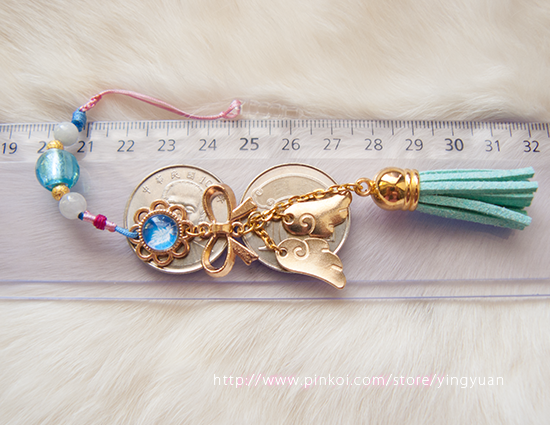 Flower Feather Strap - Sky Blue(Mobile phone strap.handmade.gift.strap.feather.wings.cute.tessels.knots.rose gold.burma jade.Tibetan silver.Colored glaze bead)