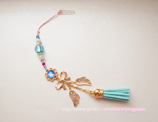 Flower Feather Strap - Sky Blue(Mobile phone strap.handmade.gift.strap.feather.wings.cute.tessels.knots.rose gold.burma jade.Tibetan silver.Colored glaze bead)