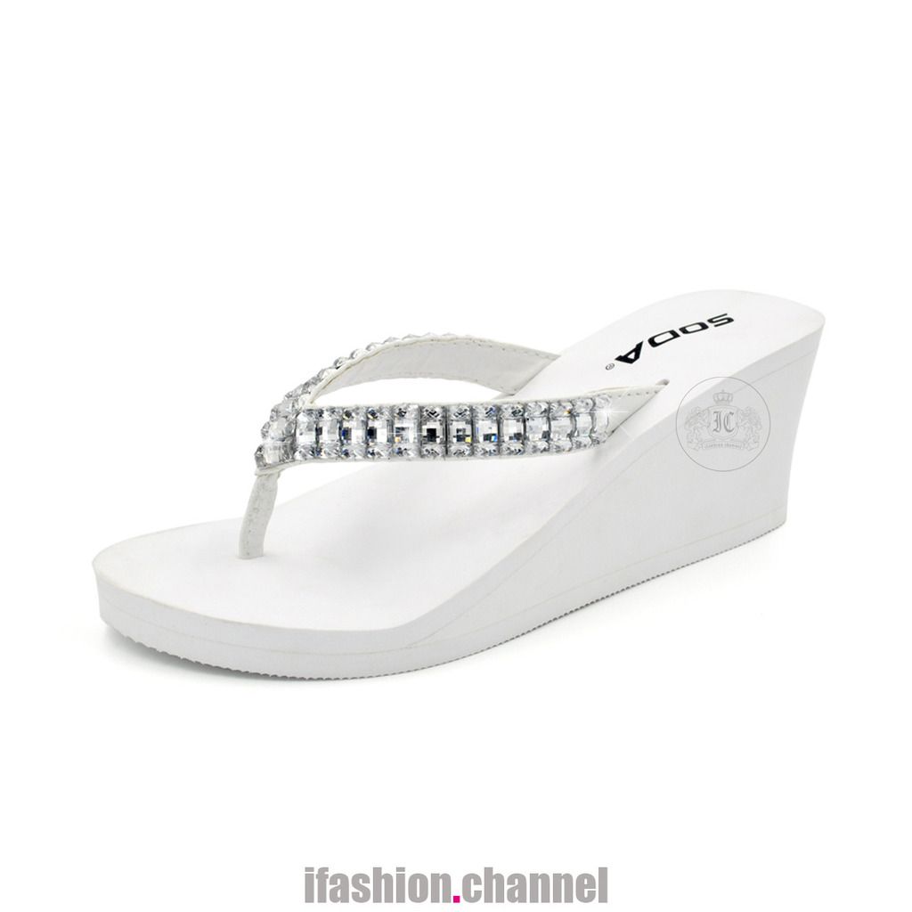 New Soda Women Thong Rhinestone Flip Flop Platform EVA Wedge Beach ...