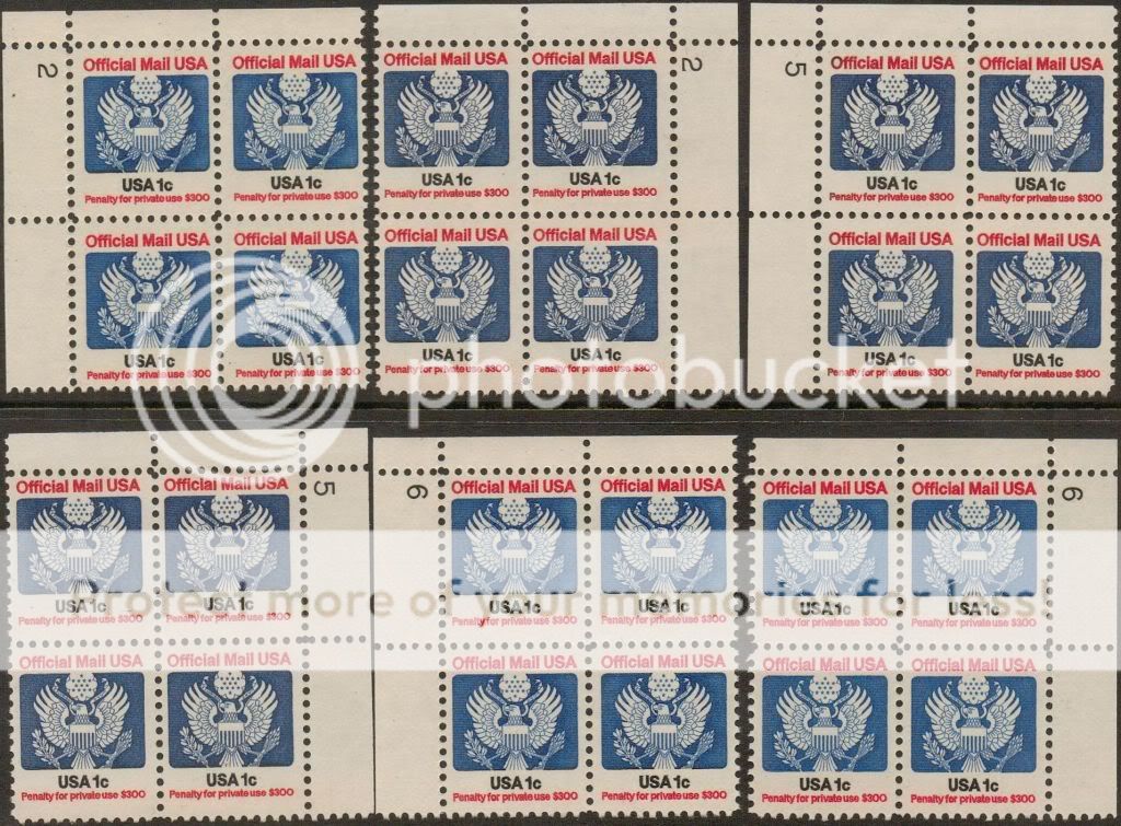 O127 Official Mail 1c Plate Blocks 6 Different, MNH  